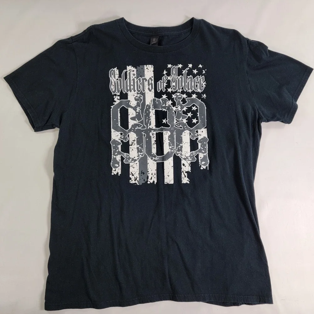 Soldiers of Solace SOS Indie Local Metal Band Anvil US Flag Shirt Sz L EUC Rare - Picture 1 of 6